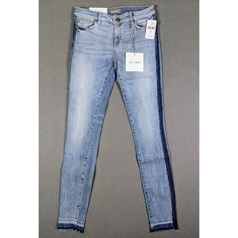 DL1961 Girls Chloe Skinny Jeans Ocean View Blue Side Stripe Raw Hem Size 16 NWT
